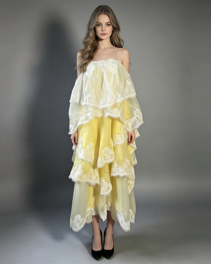 Yellow Ombre Lace Tiered Midi Dress