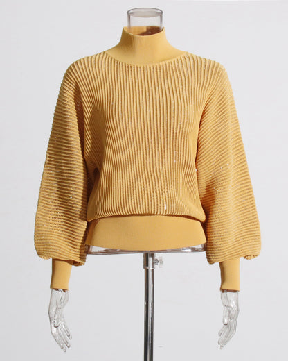 Yellow Ribbed Turtleneck Sweater with Puff Sleeves