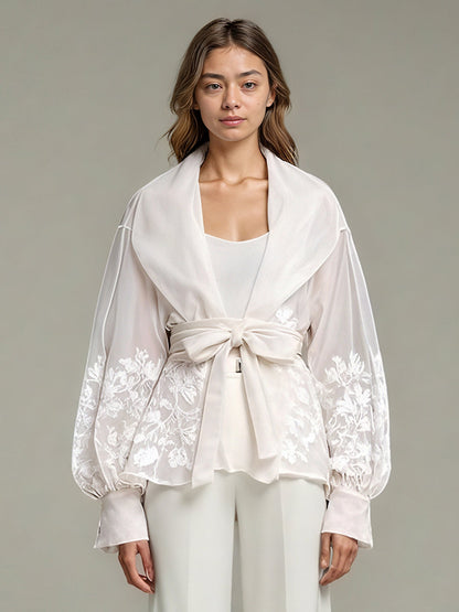Apricot Sheer Floral Embroidered Belted Blouse