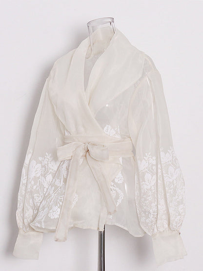 Apricot Sheer Floral Embroidered Belted Blouse