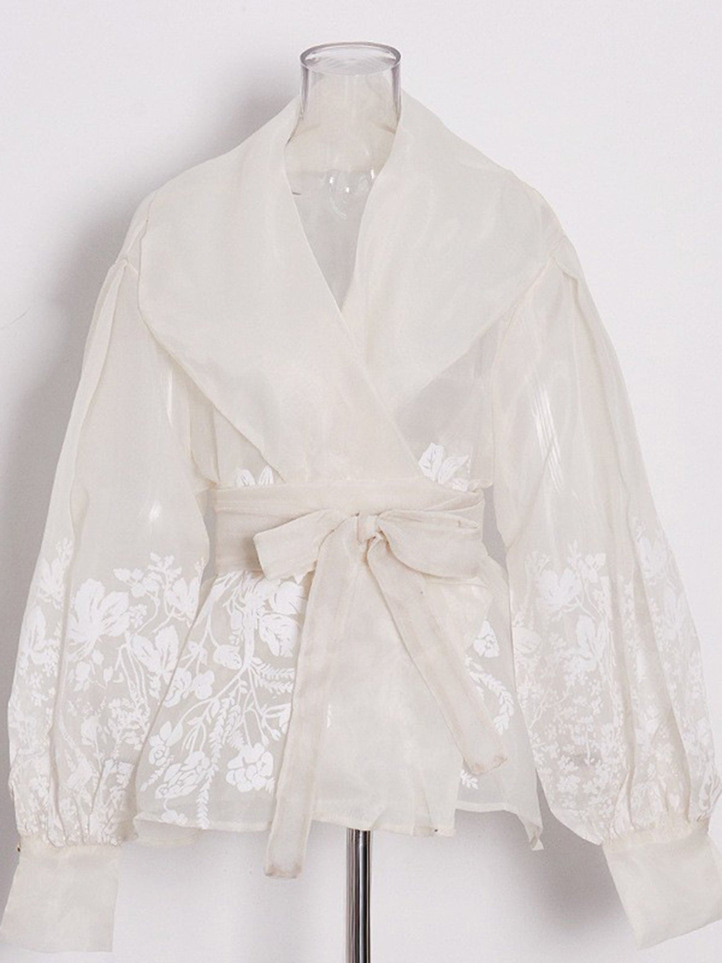 Apricot Sheer Floral Embroidered Belted Blouse
