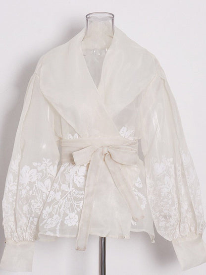 Apricot Sheer Floral Embroidered Belted Blouse