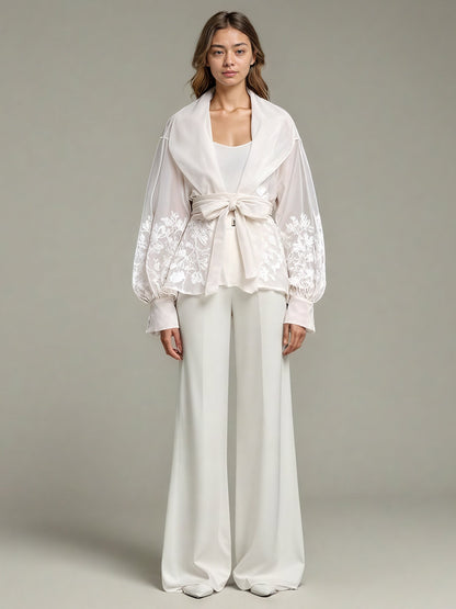 Apricot Sheer Floral Embroidered Belted Blouse