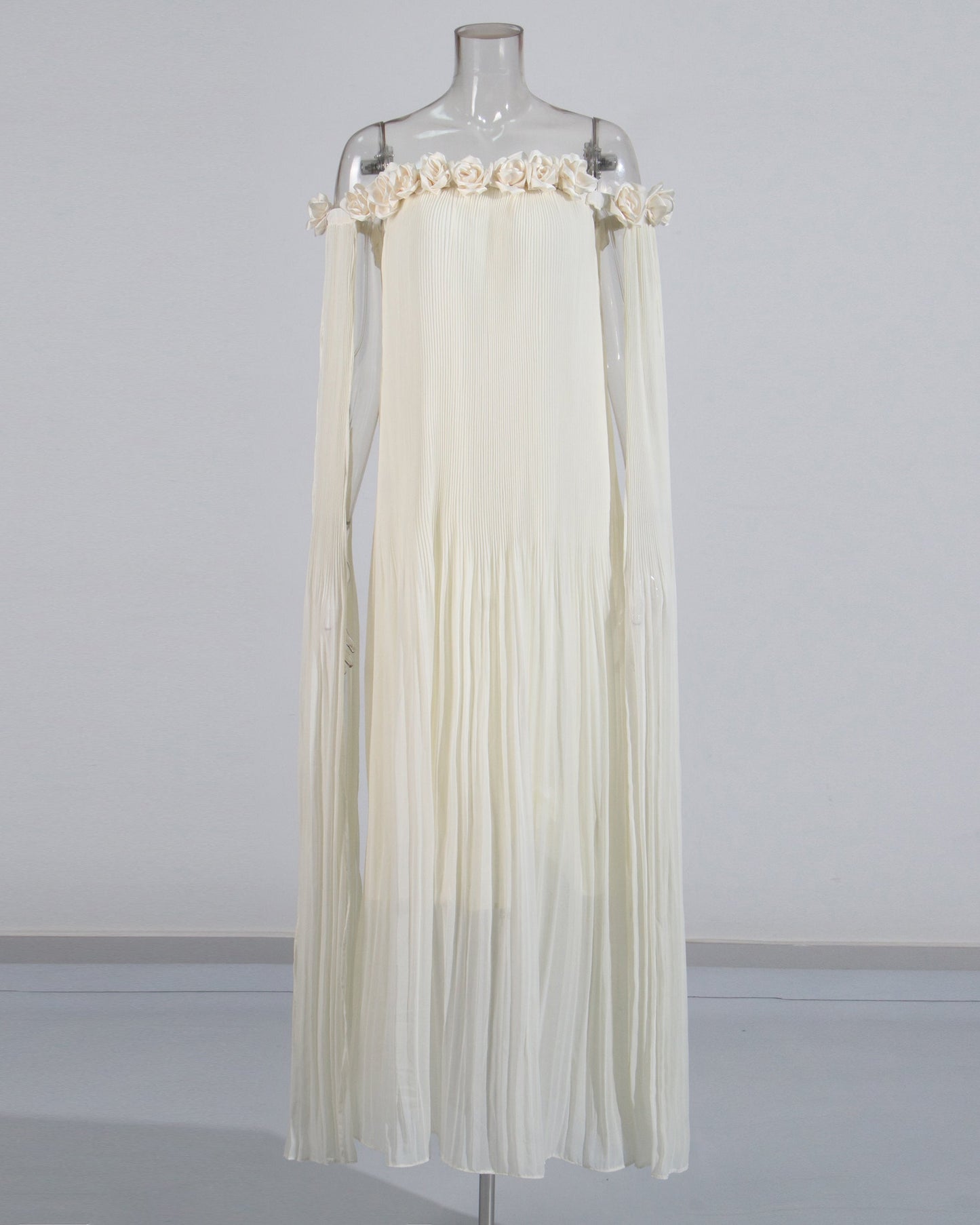 Beige Off-Shoulder Pleated Floral Maxi Dress