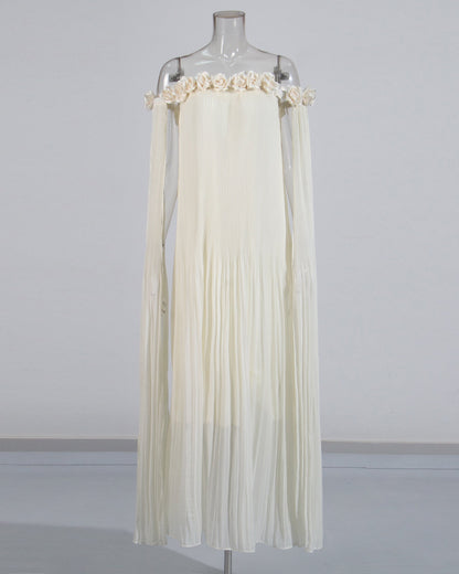 Beige Off-Shoulder Pleated Floral Maxi Dress