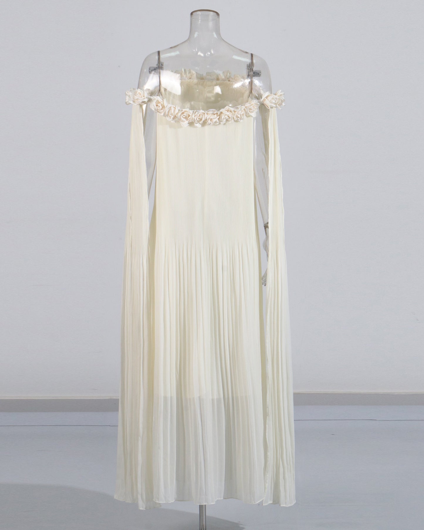 Beige Off-Shoulder Pleated Floral Maxi Dress