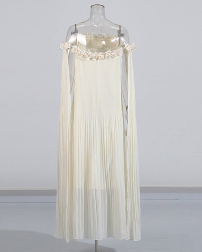 Beige Off-Shoulder Pleated Floral Maxi Dress