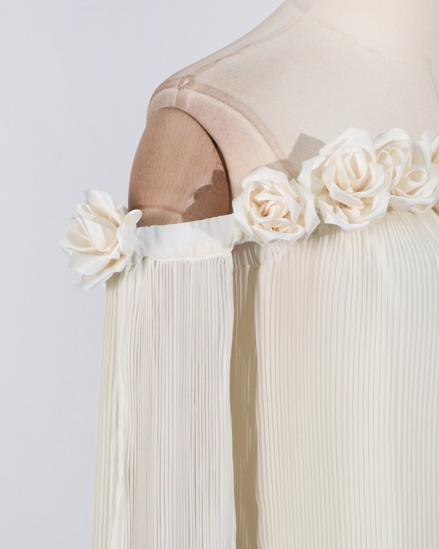 Beige Off-Shoulder Pleated Floral Maxi Dress