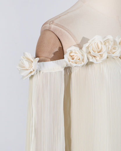Beige Off-Shoulder Pleated Floral Maxi Dress