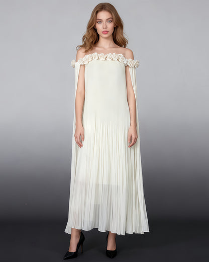 Beige Off-Shoulder Pleated Floral Maxi Dress