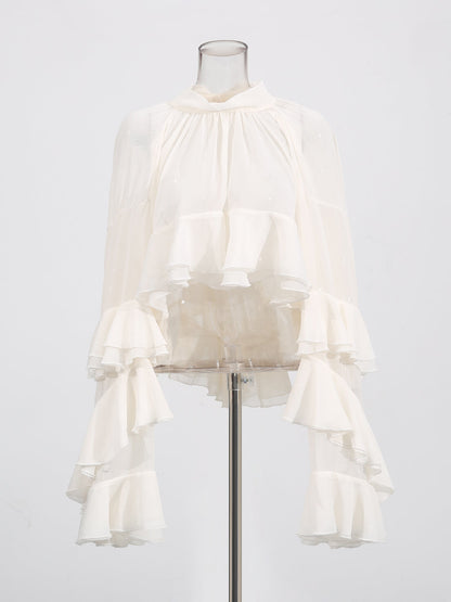 Beige Ruffled Chiffon Blouse with Tiered Bell Sleeves