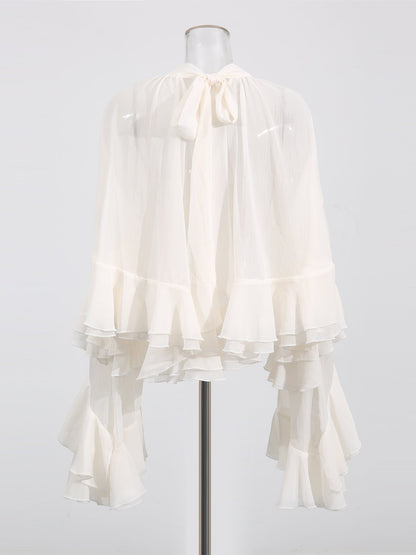 Beige Ruffled Chiffon Blouse with Tiered Bell Sleeves