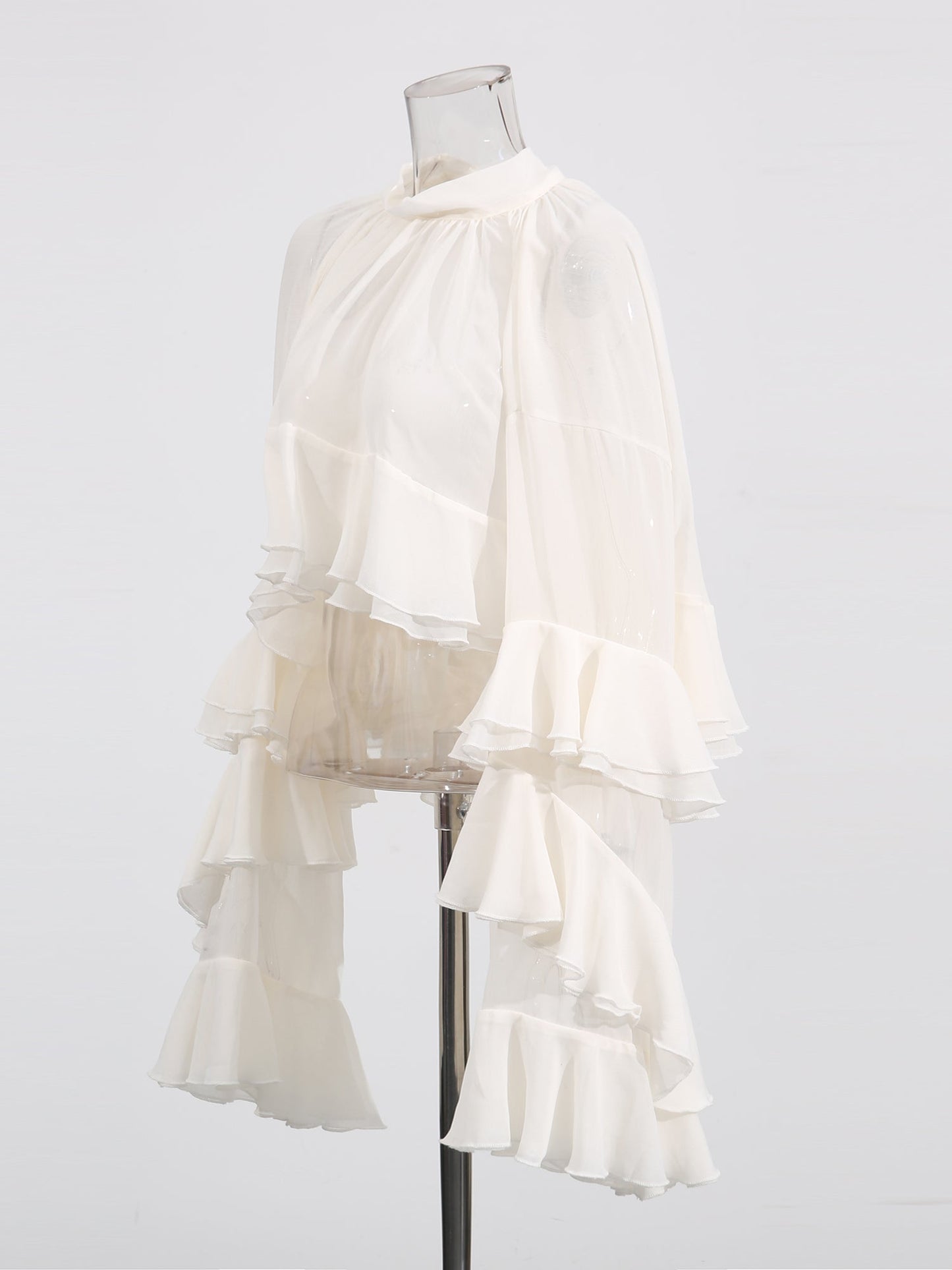 Beige Ruffled Chiffon Blouse with Tiered Bell Sleeves