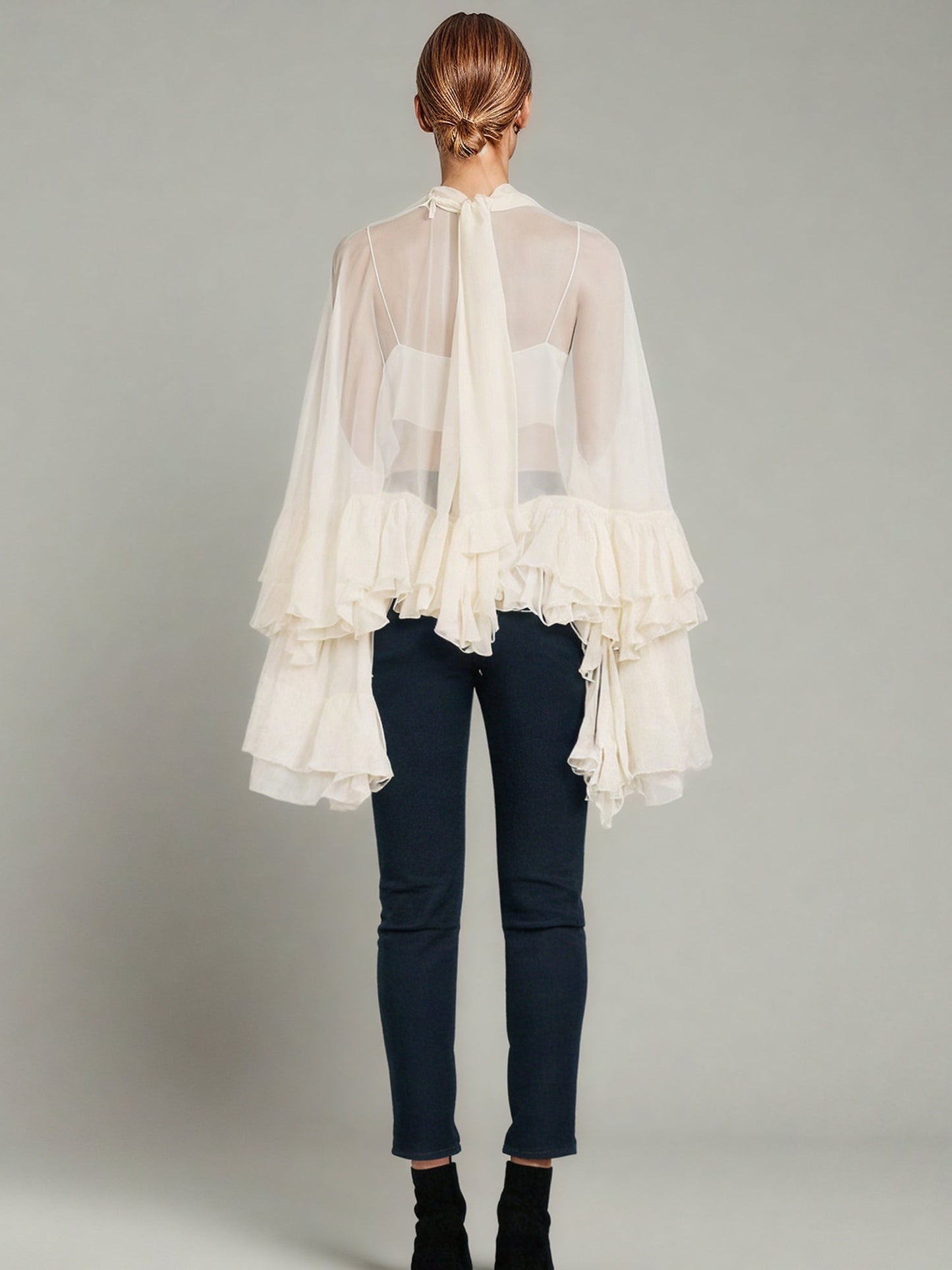 Beige Ruffled Chiffon Blouse with Tiered Bell Sleeves