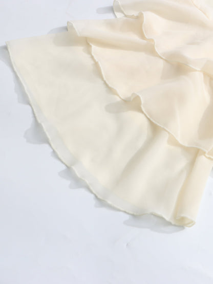 Beige Ruffled Chiffon Blouse with Tiered Bell Sleeves