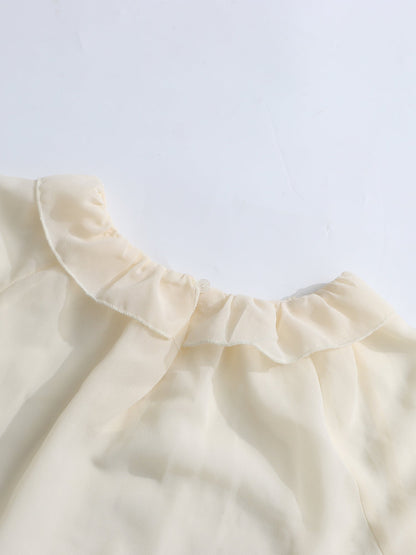 Beige Ruffled Chiffon Blouse with Tiered Bell Sleeves