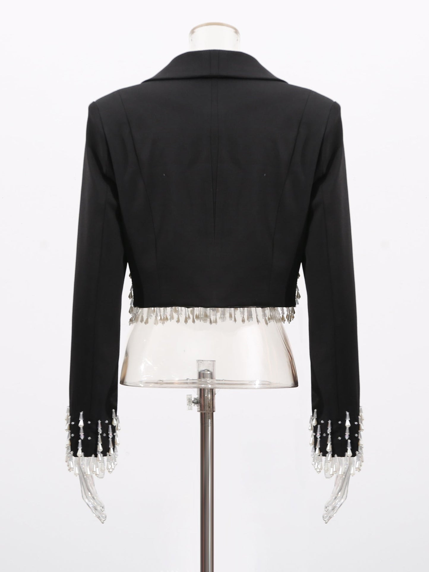 Black Cropped Blazer with Beaded Fringe