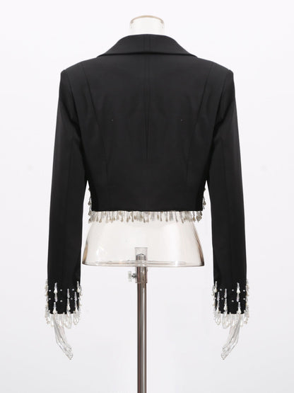 Black Cropped Blazer with Beaded Fringe