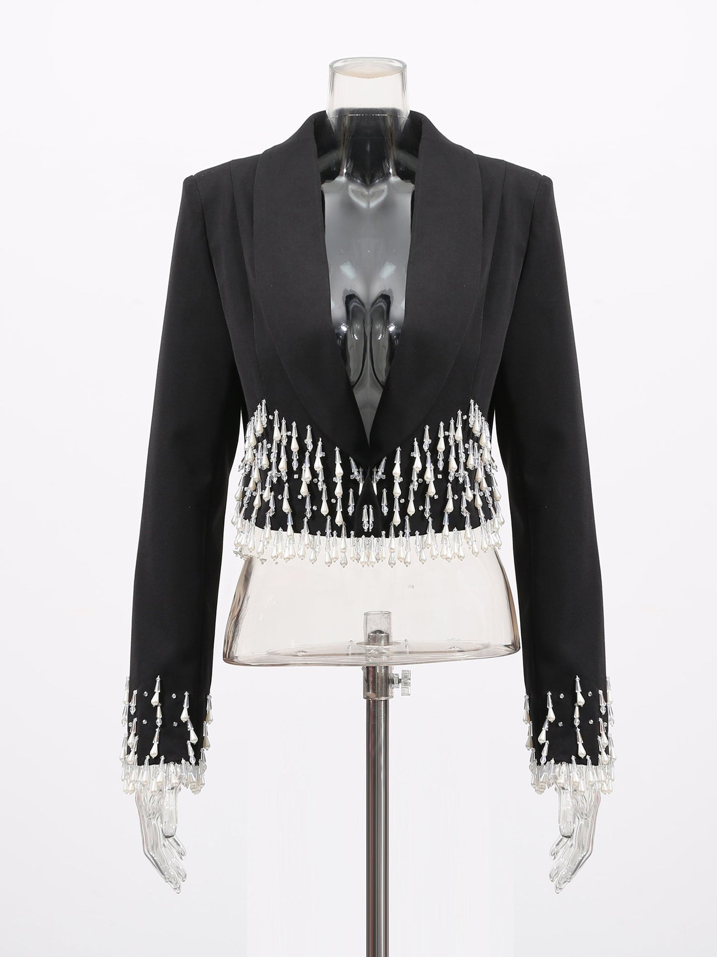 Black Cropped Blazer with Beaded Fringe