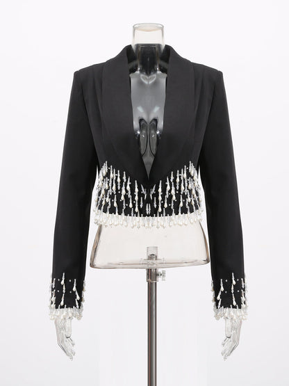 Black Cropped Blazer with Beaded Fringe
