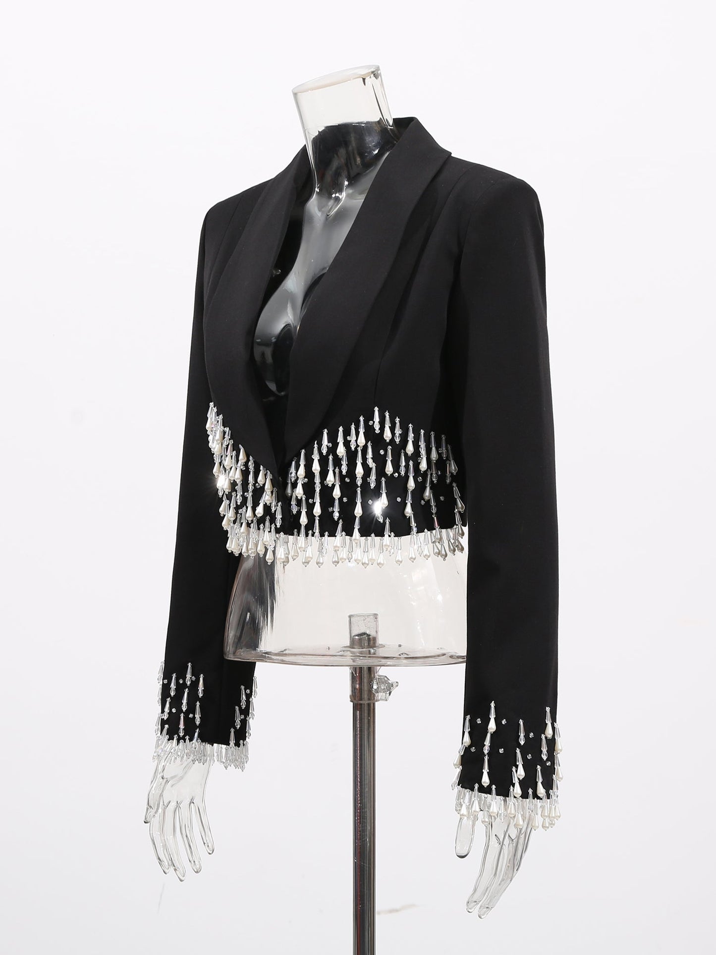 Black Cropped Blazer with Beaded Fringe