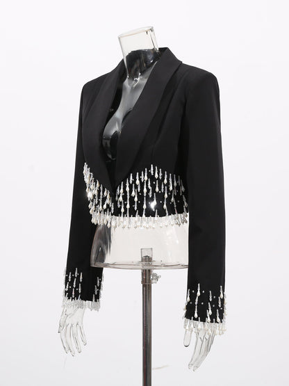 Black Cropped Blazer with Beaded Fringe