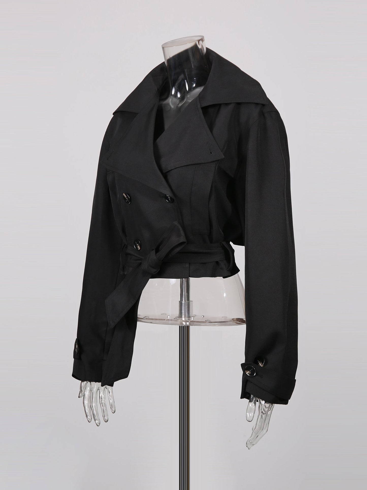 Black Cropped Trench Coat with Belted Waist