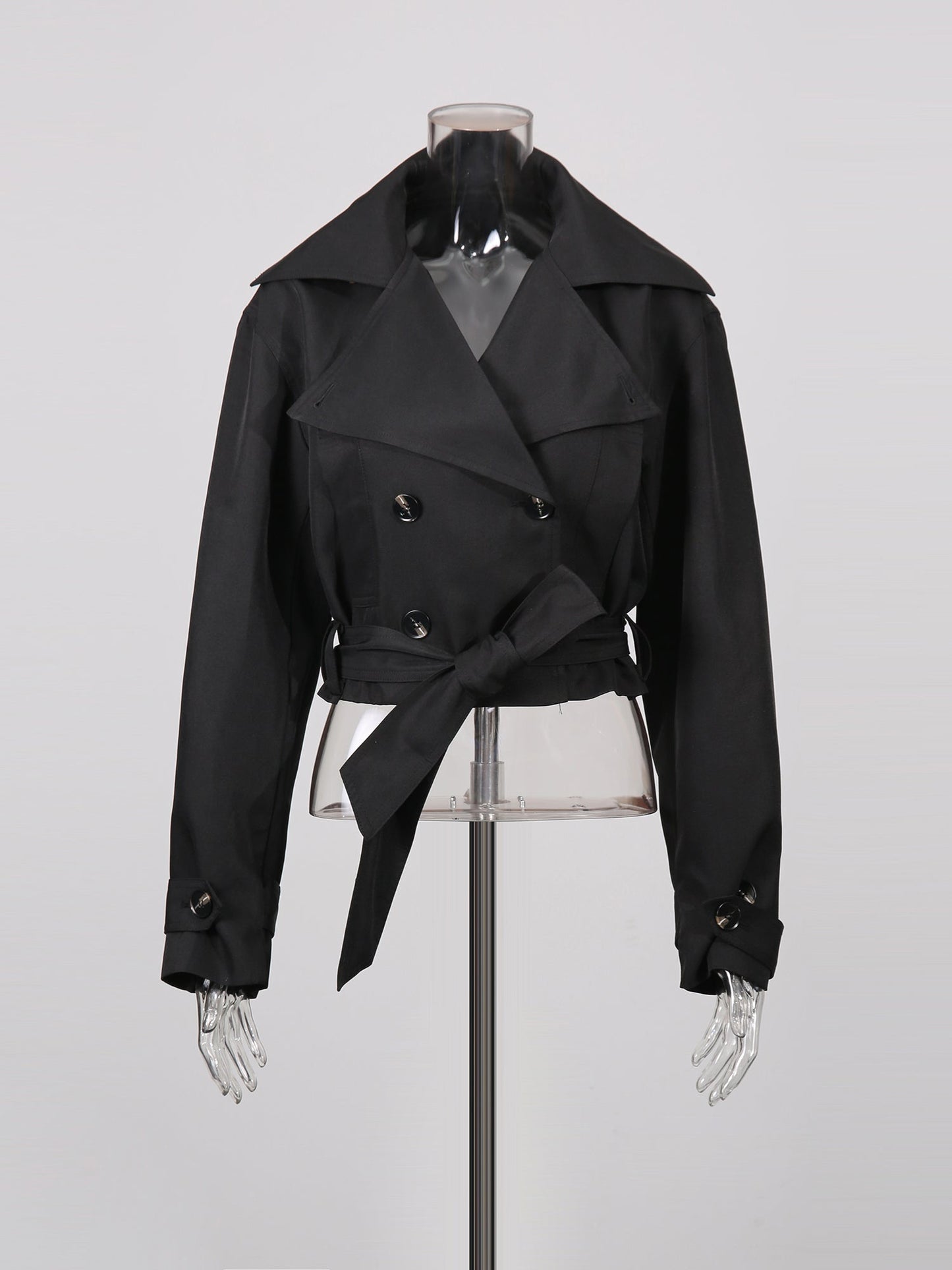 Black Cropped Trench Coat with Belted Waist