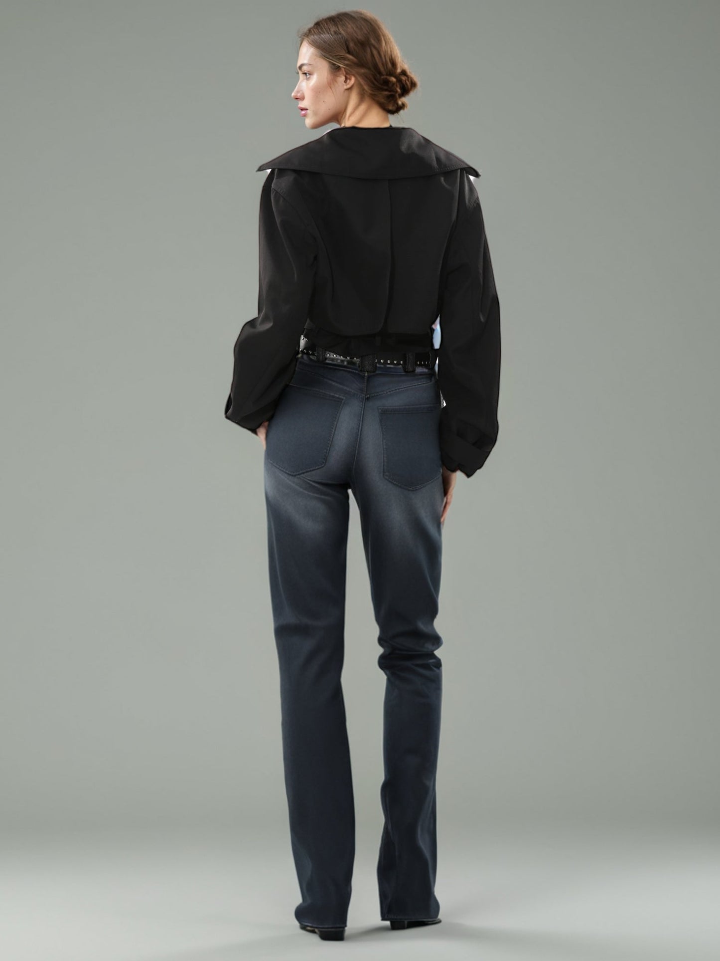 Black Cropped Trench Coat with Belted Waist