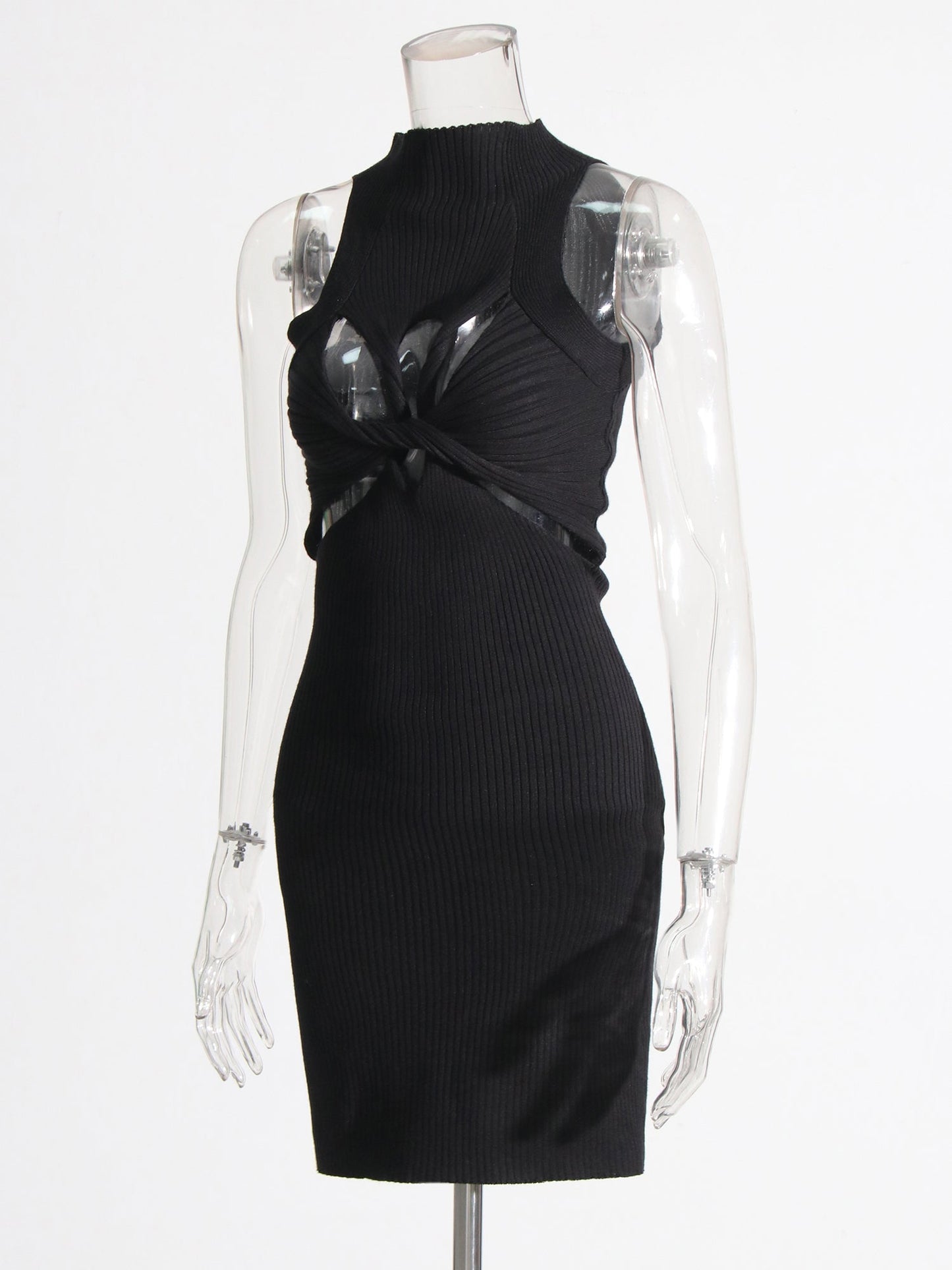 Black Knit Cutout Knot Bodycon Mini Dress