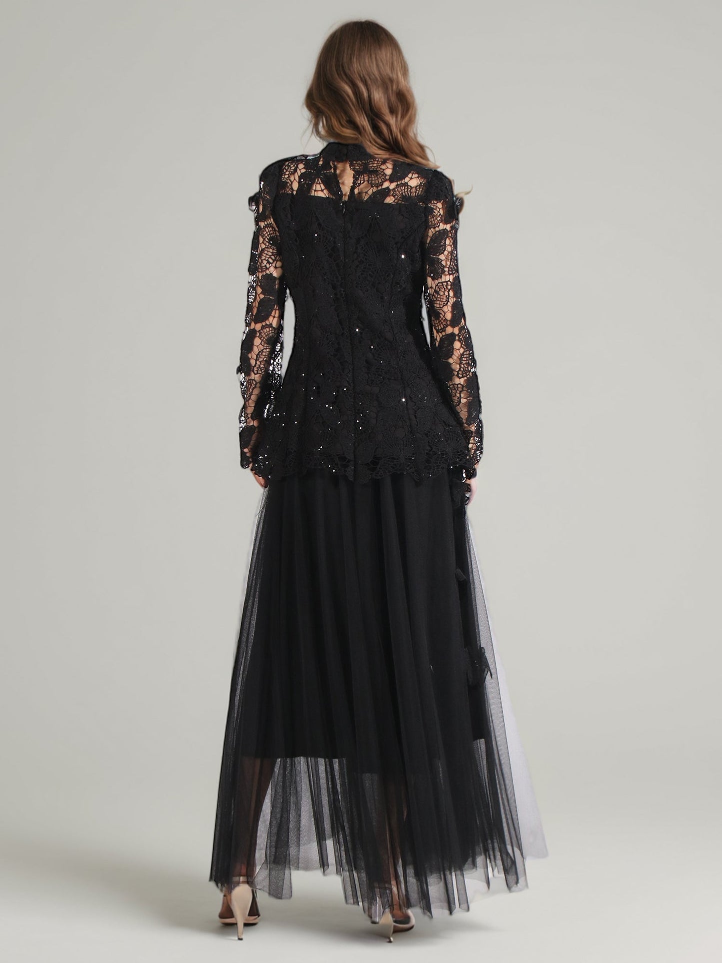 Black Lace Top & Tulle Skirt Two-Piece Set