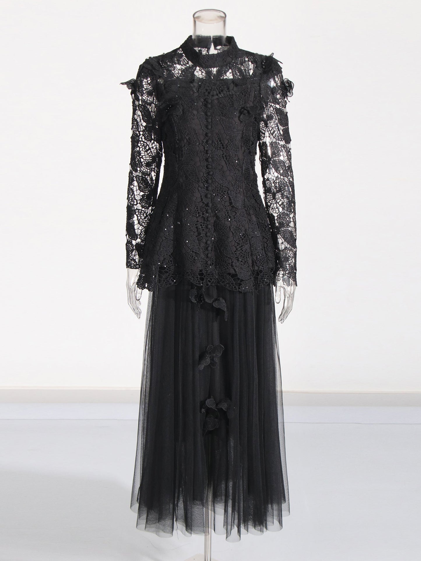 Black Lace Top & Tulle Skirt Two-Piece Set