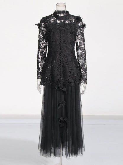Black Lace Top & Tulle Skirt Two-Piece Set
