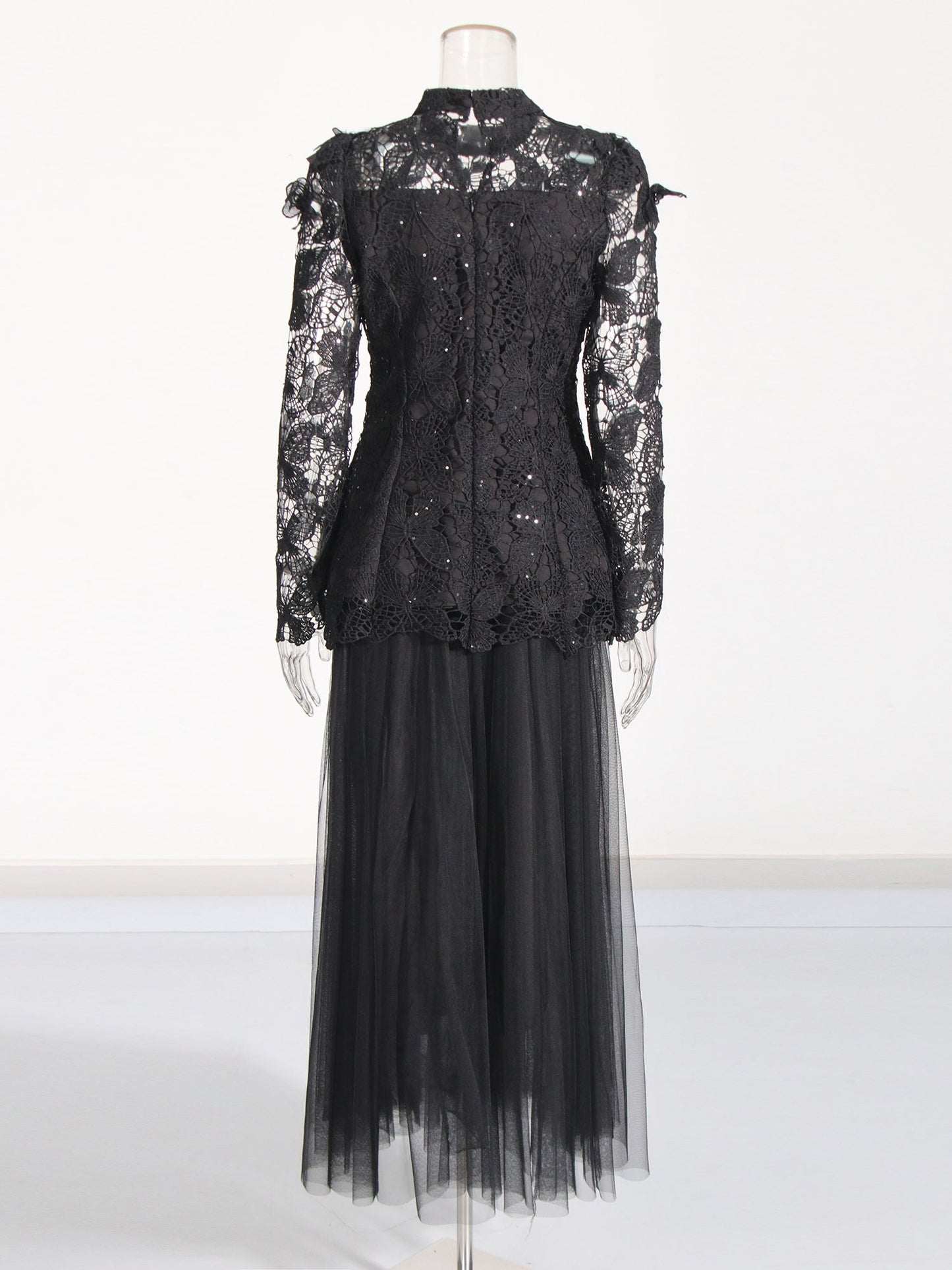 Black Lace Top & Tulle Skirt Two-Piece Set