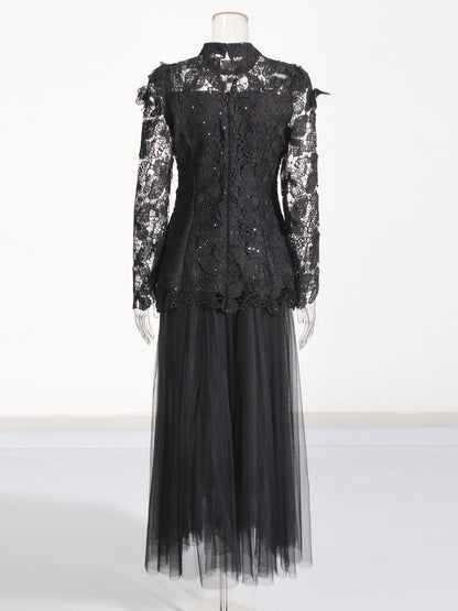 Black Lace Top & Tulle Skirt Two-Piece Set