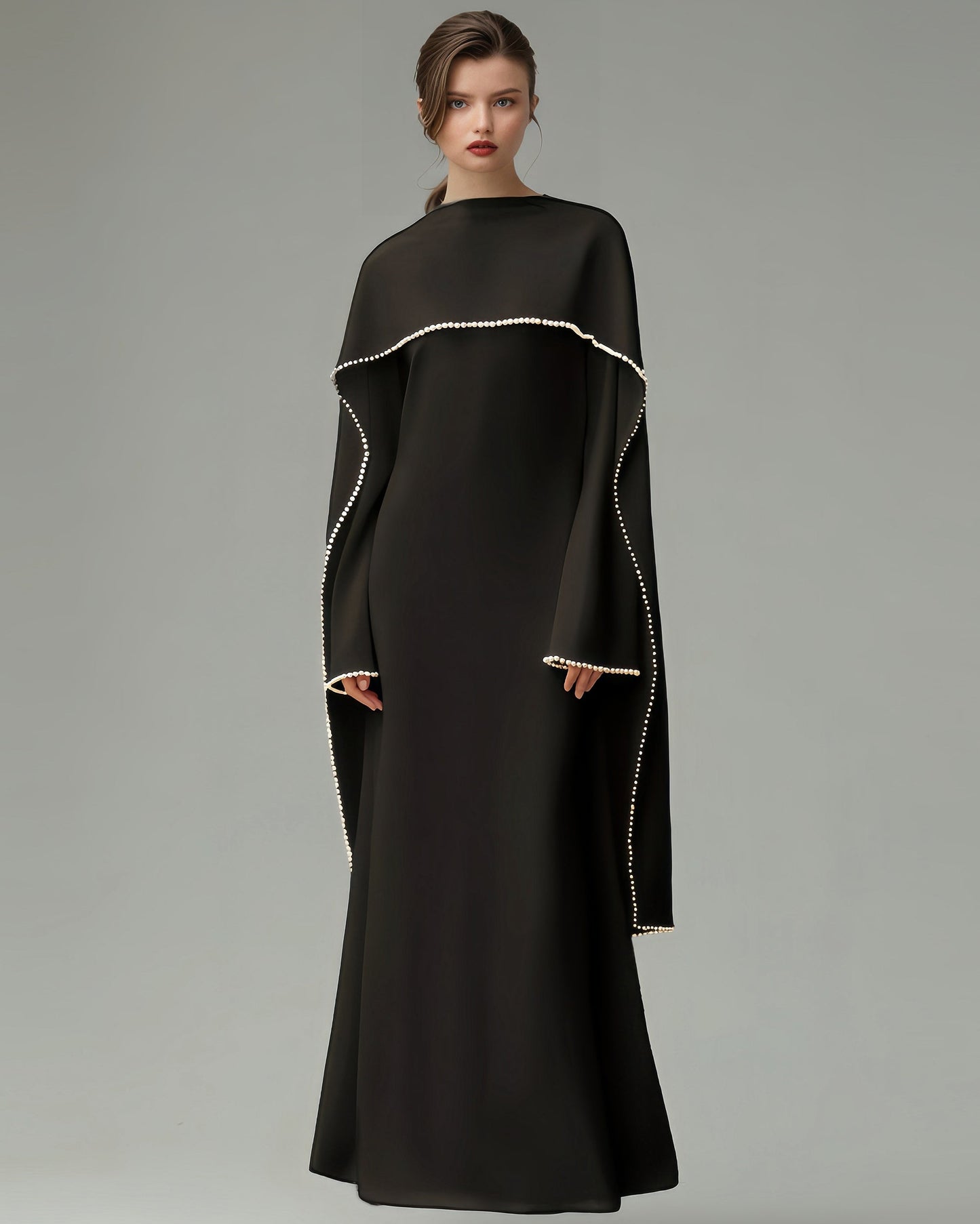 Black Maxi Dress with Pearl-Trimmed Cape Sleeves