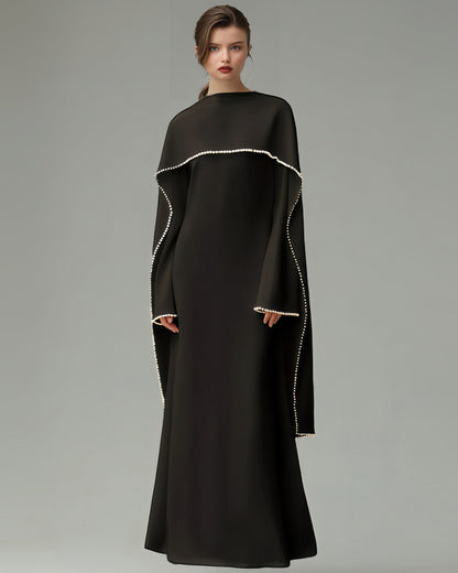 Black Maxi Dress with Pearl-Trimmed Cape Sleeves