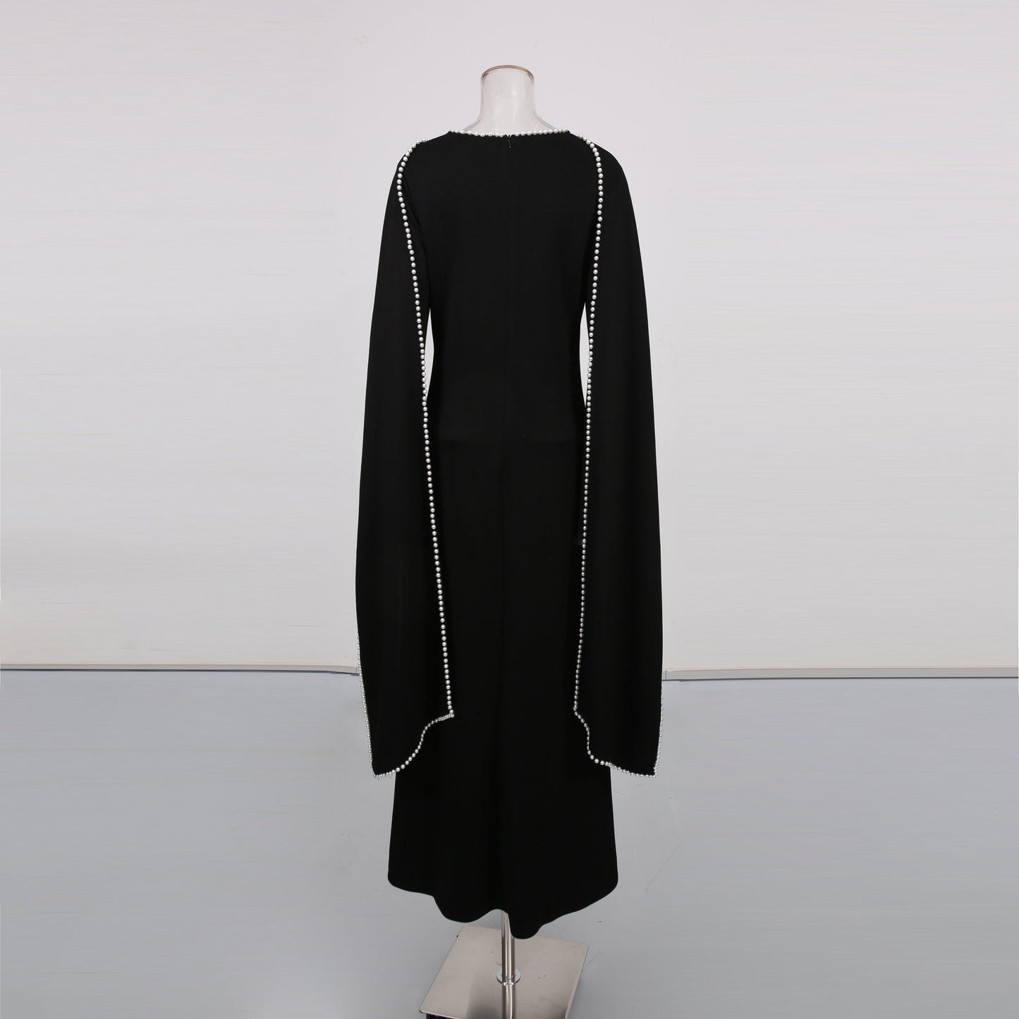 Black Maxi Dress with Pearl-Trimmed Cape Sleeves
