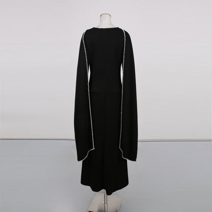 Black Maxi Dress with Pearl-Trimmed Cape Sleeves