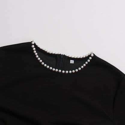 Black Maxi Dress with Pearl-Trimmed Cape Sleeves