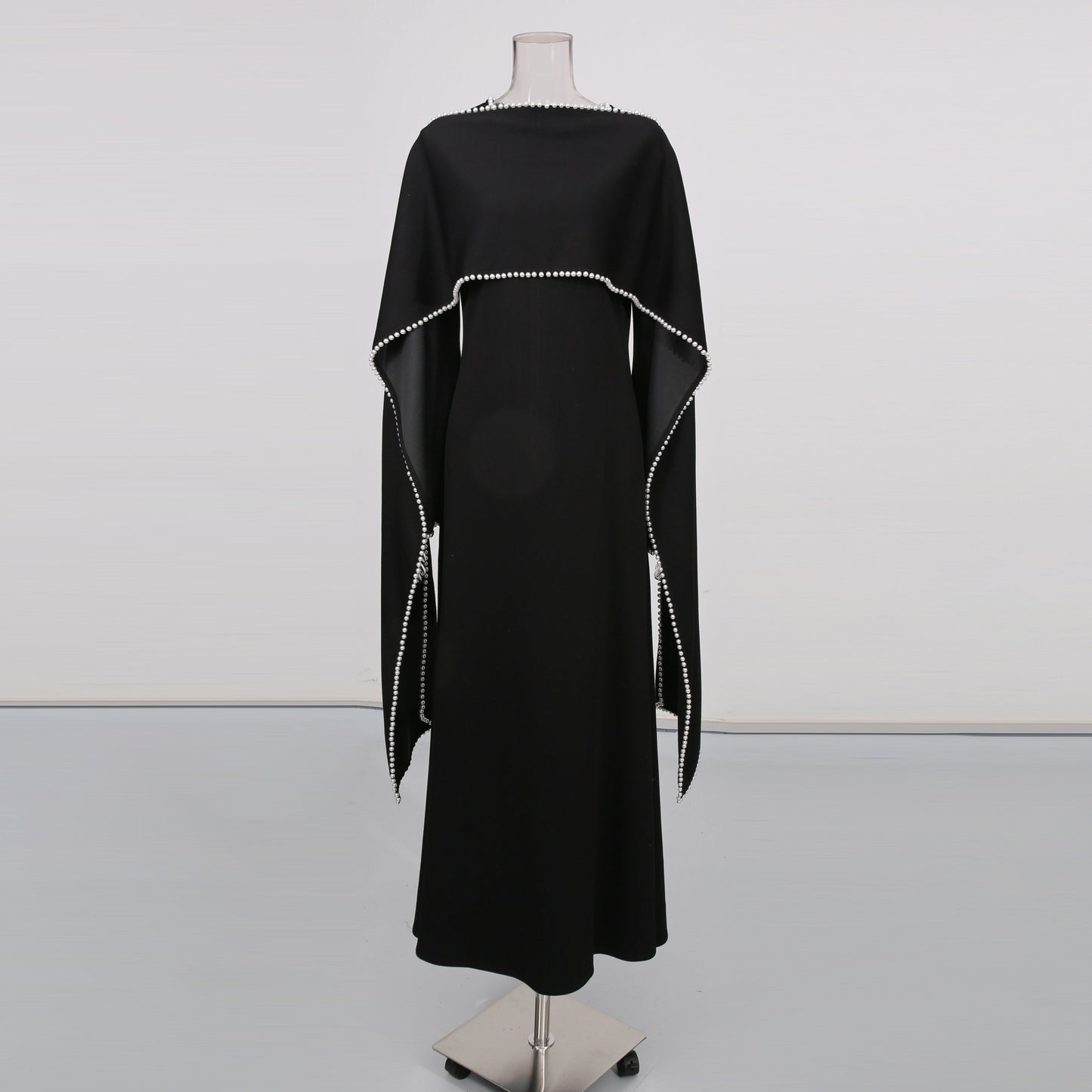 Black Maxi Dress with Pearl-Trimmed Cape Sleeves
