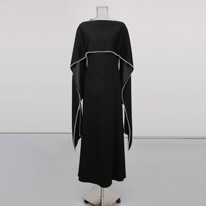 Black Maxi Dress with Pearl-Trimmed Cape Sleeves