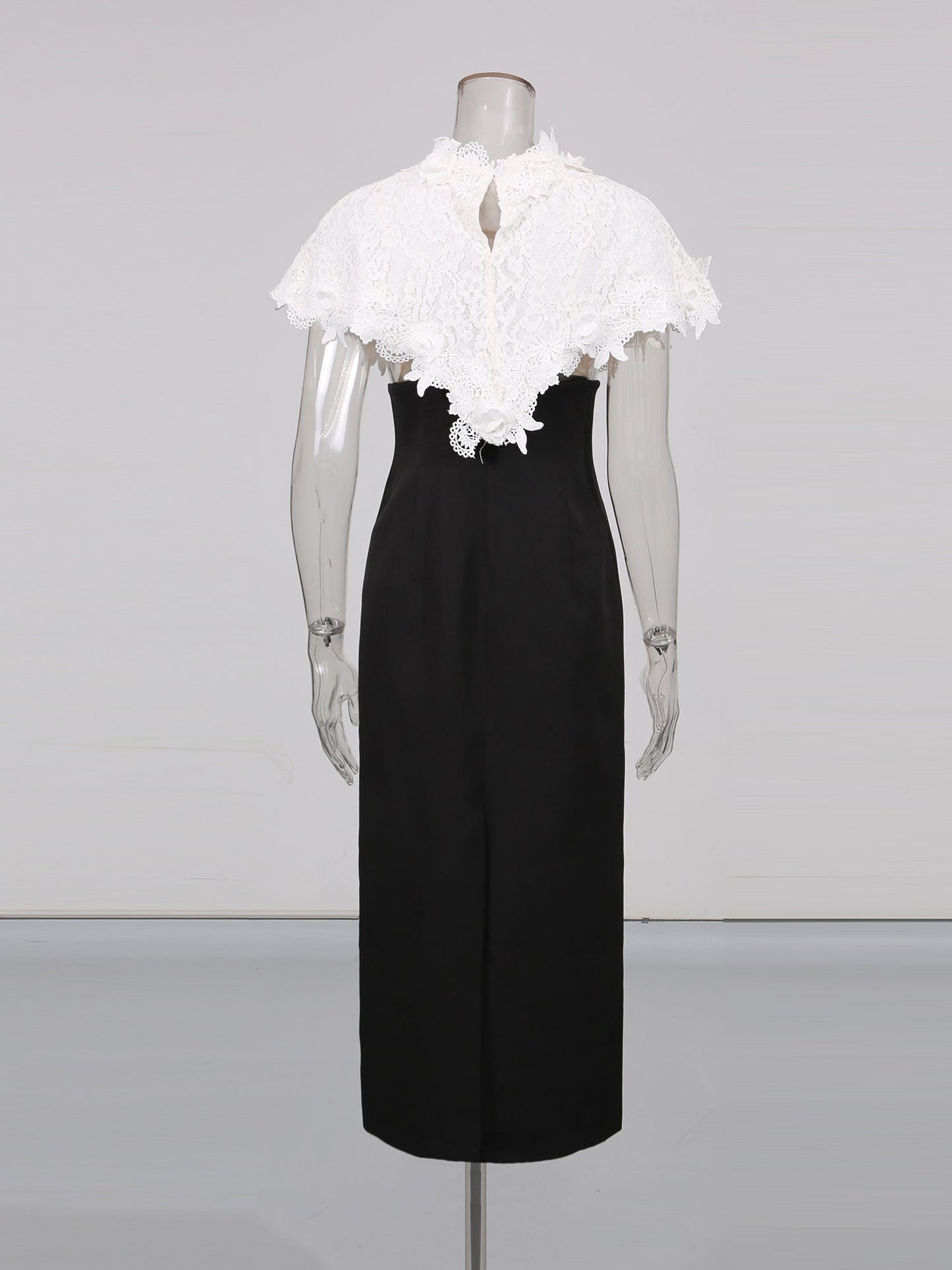 Black Midi Dress with White Lace Capelet Set