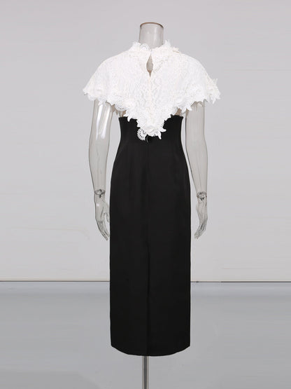 Black Midi Dress with White Lace Capelet Set