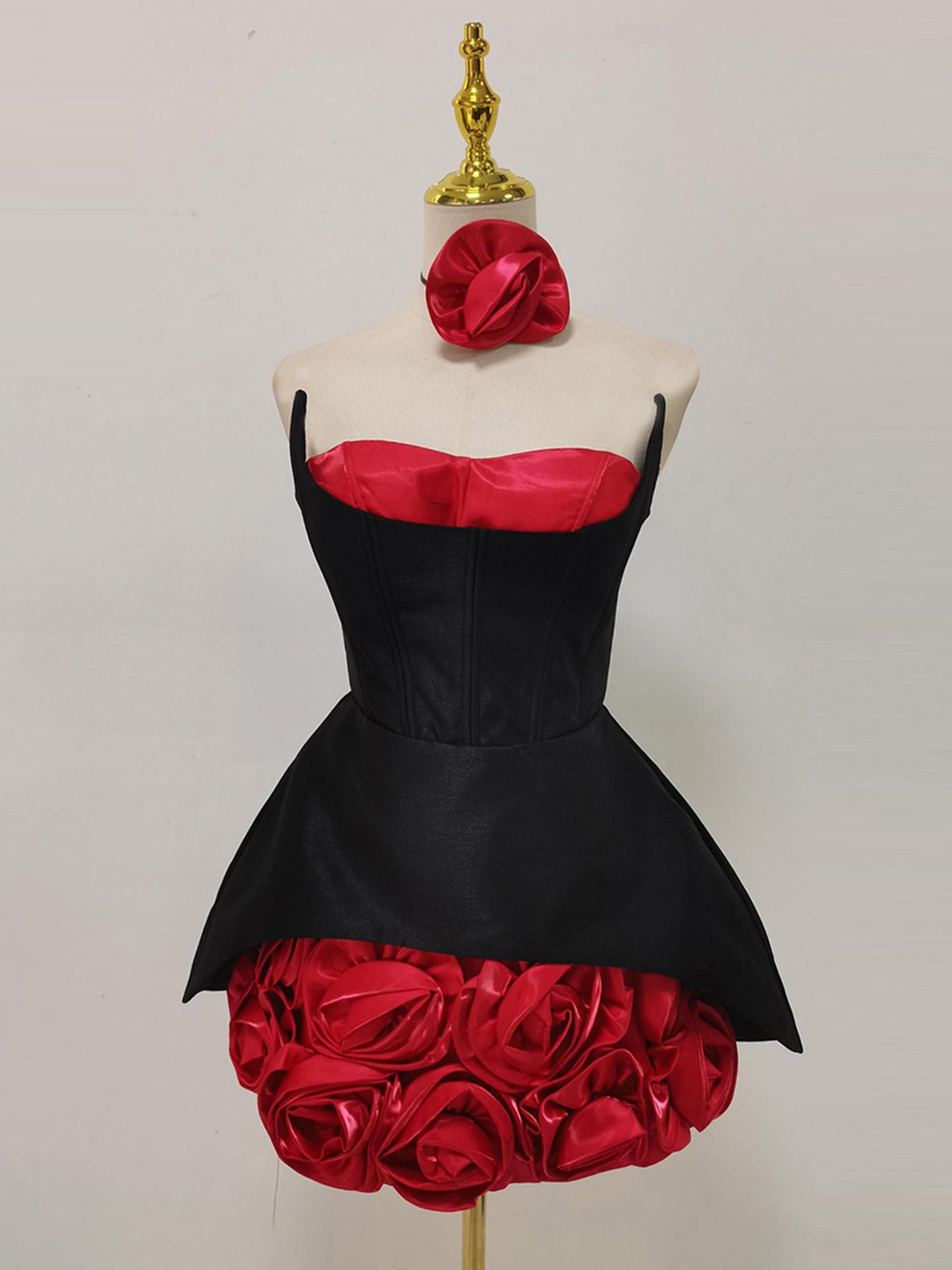 Black & Red Rose Appliqué Strapless Mini Dress