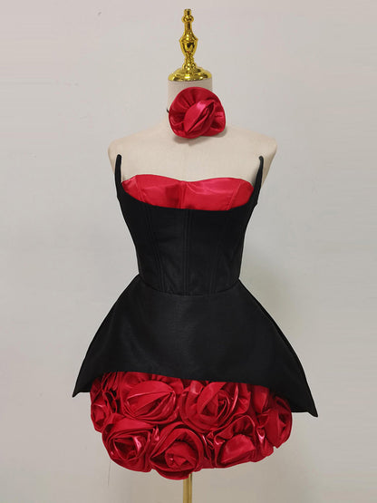 Black & Red Rose Appliqué Strapless Mini Dress