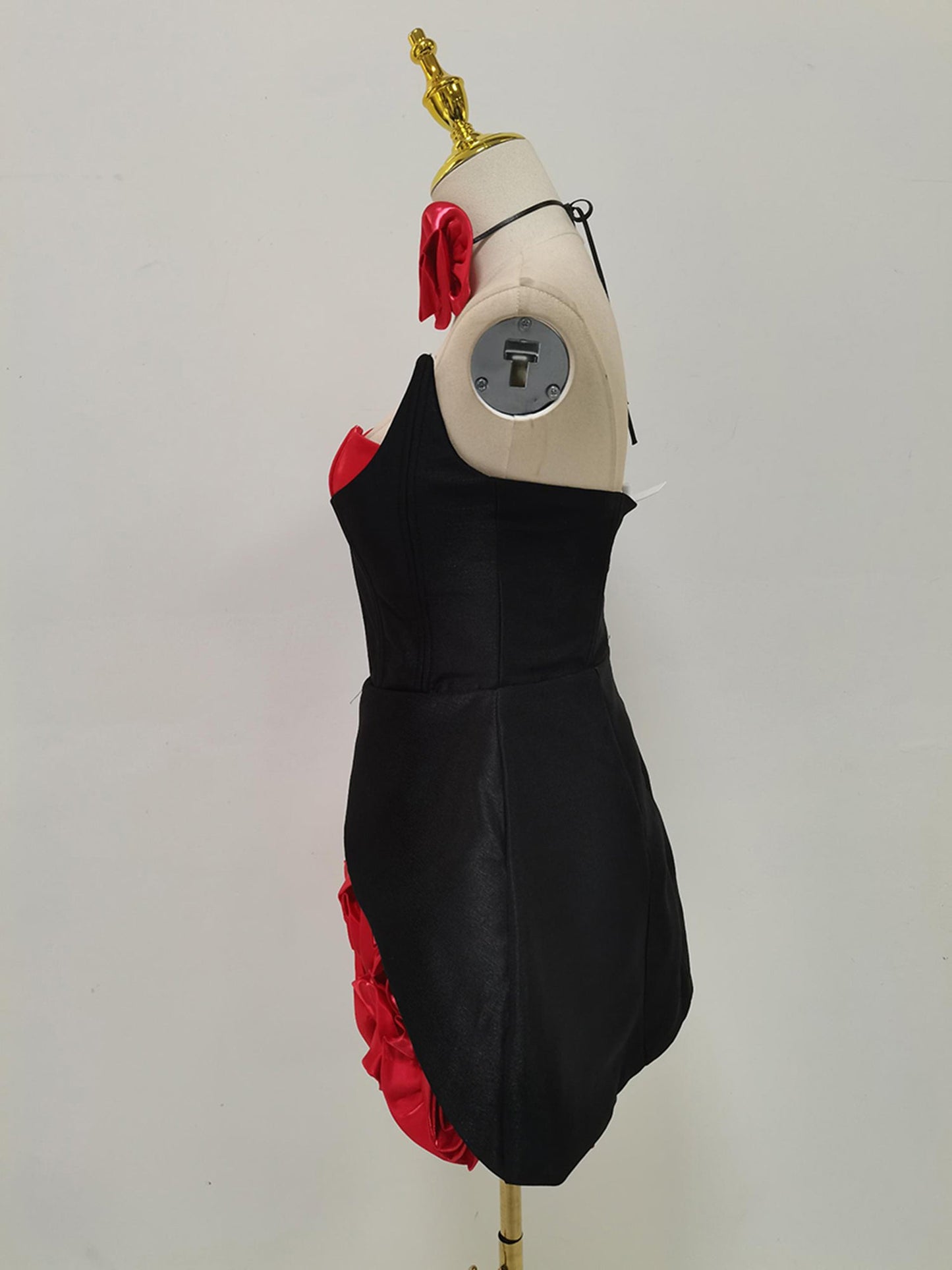 Black & Red Rose Appliqué Strapless Mini Dress