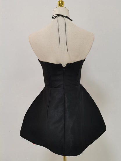 Black & Red Rose Appliqué Strapless Mini Dress