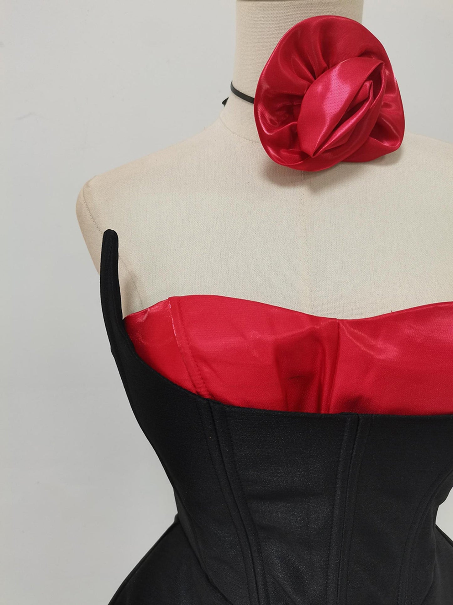 Black & Red Rose Appliqué Strapless Mini Dress