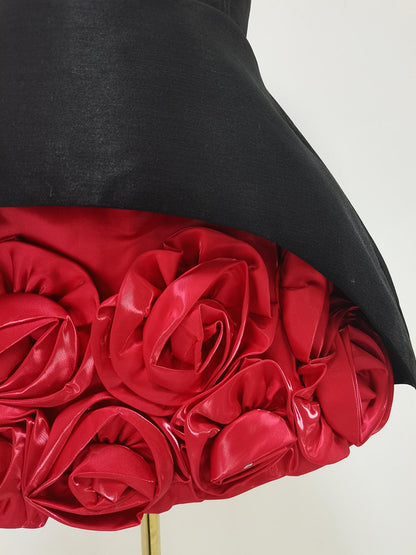 Black & Red Rose Appliqué Strapless Mini Dress
